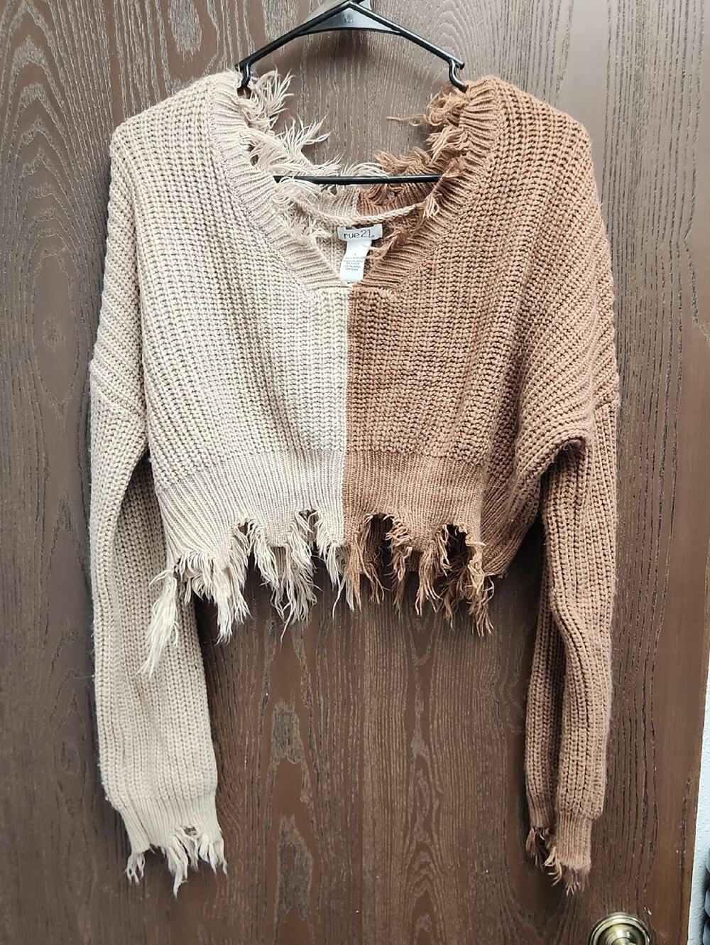 Rue21 Two-Tone Distressed Cropped Sweater - Beige & Brown